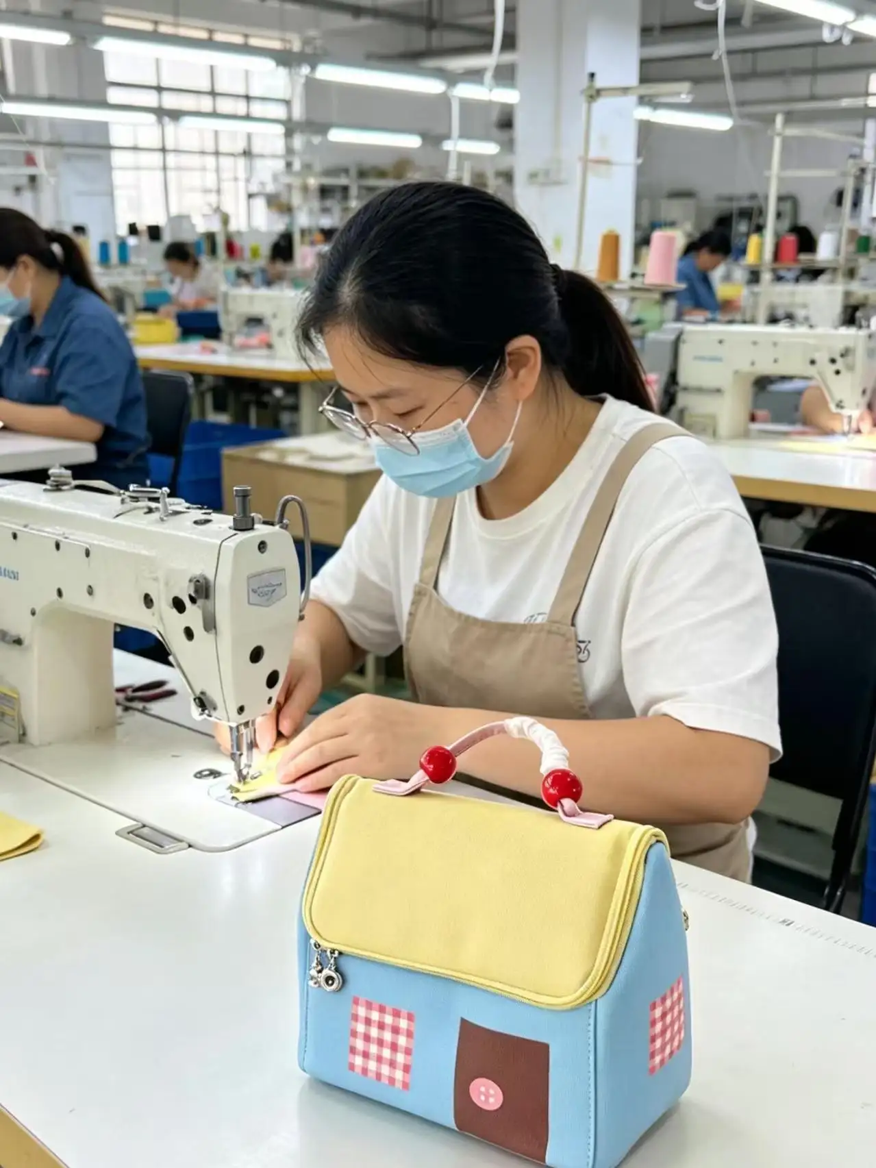 Workers sew the cosmetic bags