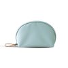 Light blue half-moon nylon cosmetic bag featuring a zip closure and leather loop pull tab.